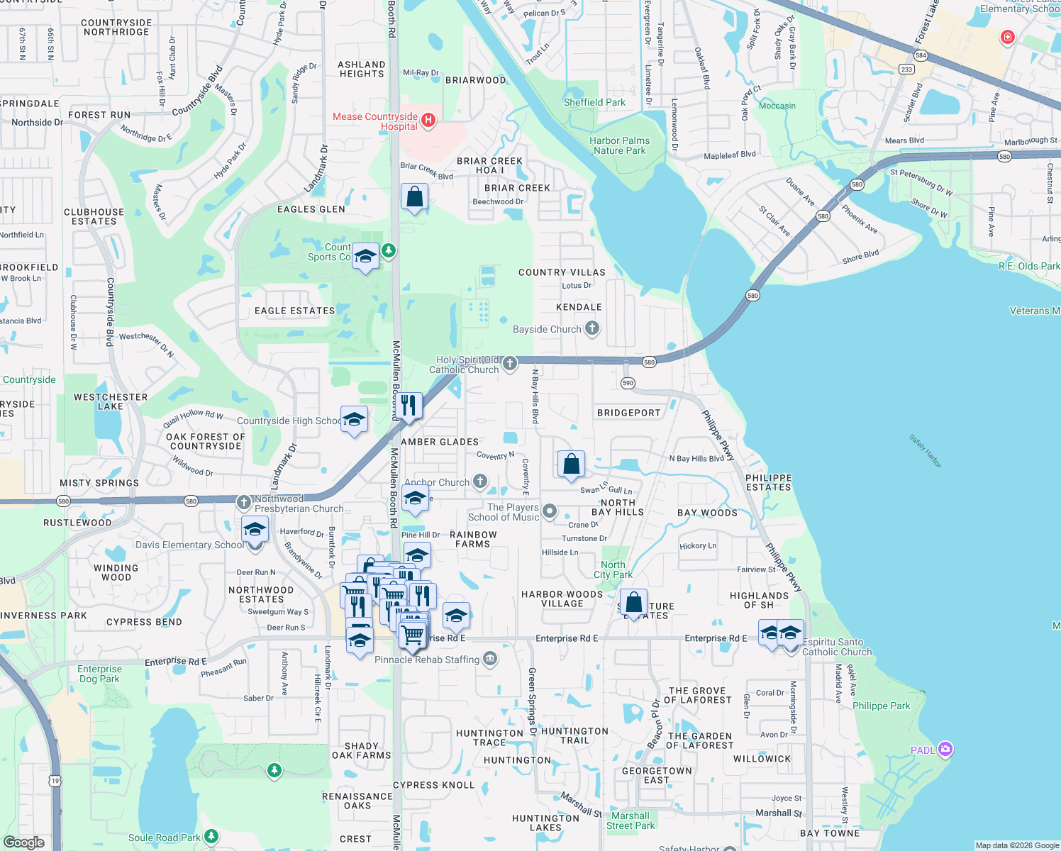map of restaurants, bars, coffee shops, grocery stores, and more near 4111 North Bay Hills Boulevard in Safety Harbor