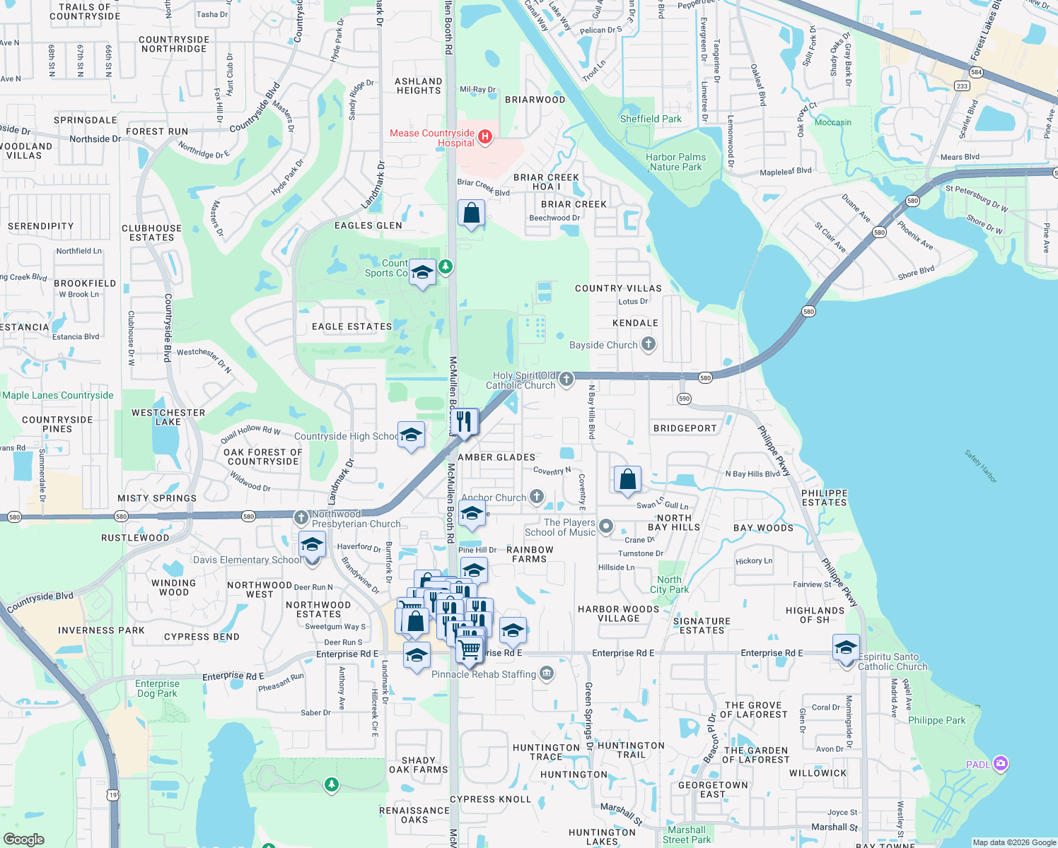 map of restaurants, bars, coffee shops, grocery stores, and more near 1716 Bermuda Court in Safety Harbor