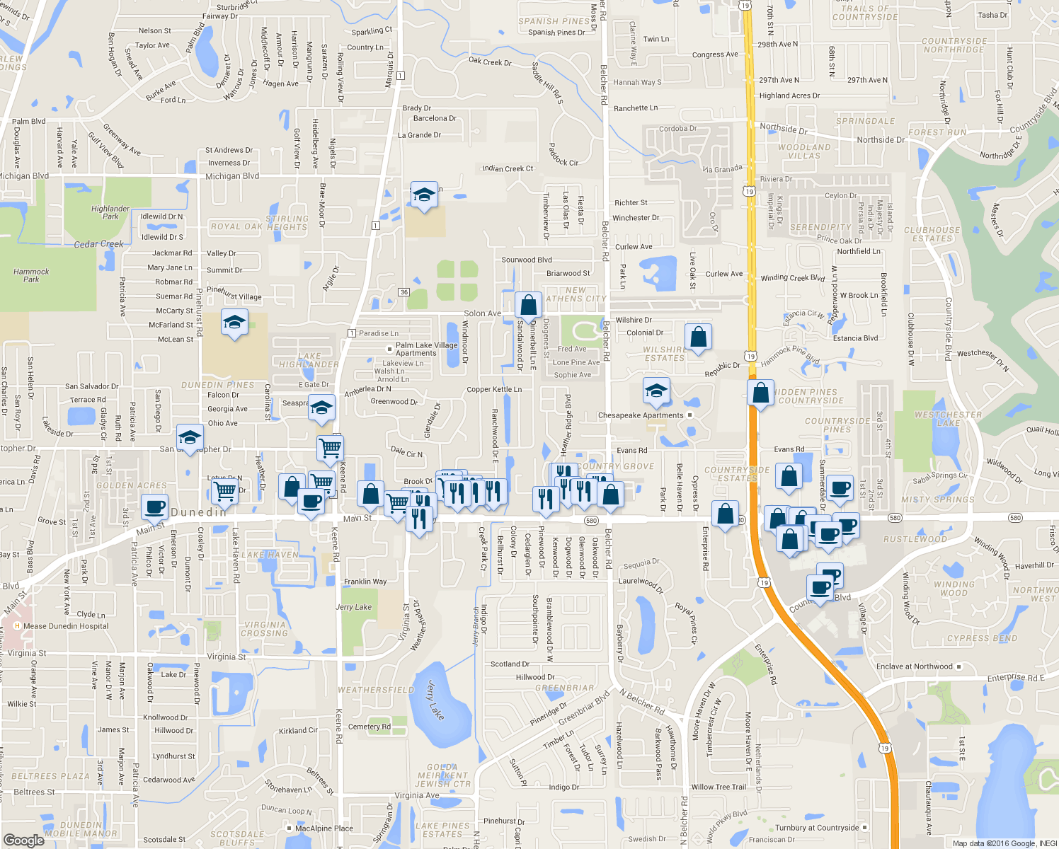 map of restaurants, bars, coffee shops, grocery stores, and more near 1250 Dinnerbell Lane East in Dunedin