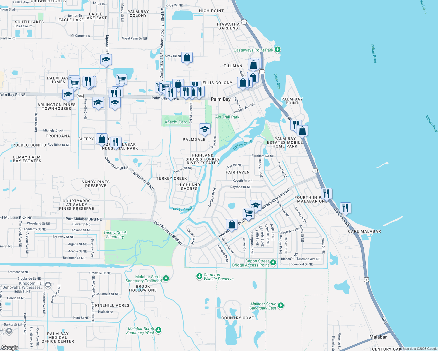 map of restaurants, bars, coffee shops, grocery stores, and more near 1134 Hulda Street Northeast in Palm Bay