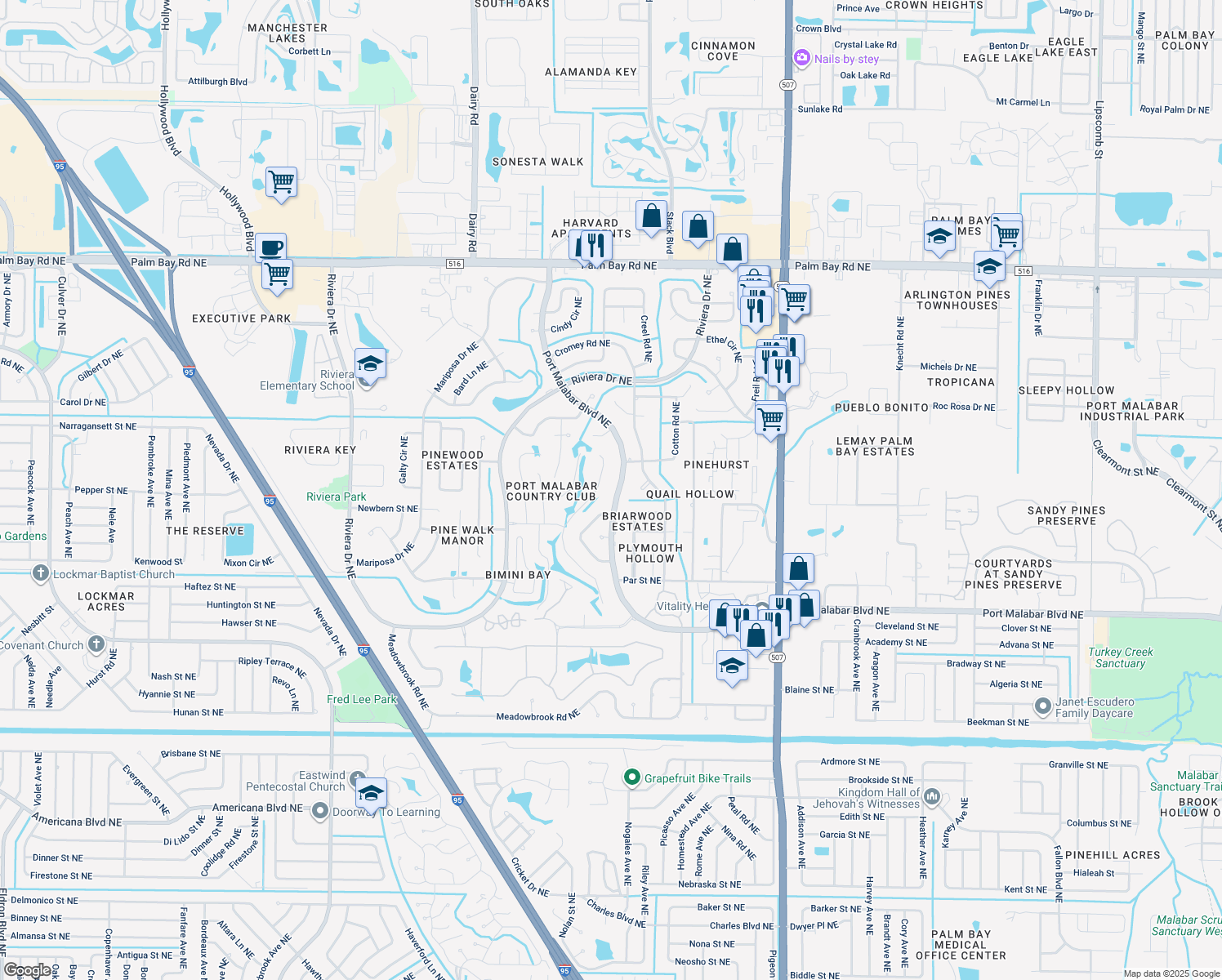 map of restaurants, bars, coffee shops, grocery stores, and more near 550 Port Malabar Boulevard Northeast in Palm Bay