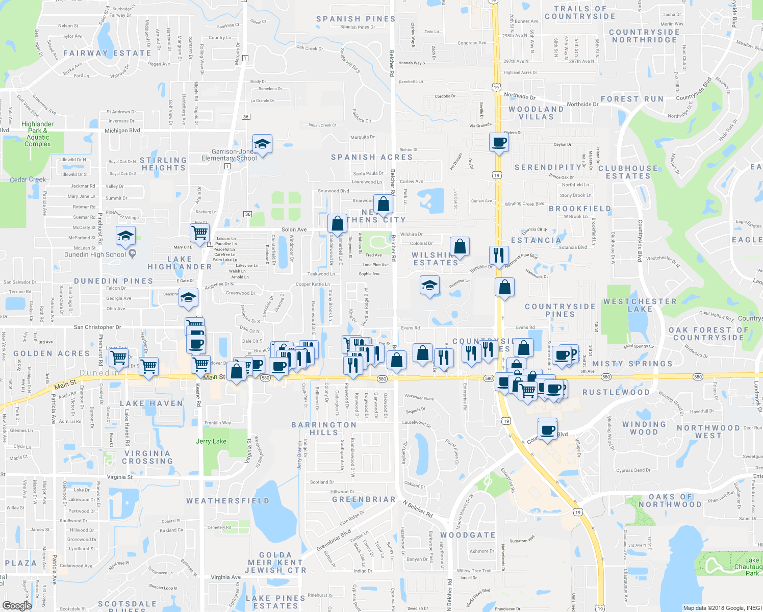 map of restaurants, bars, coffee shops, grocery stores, and more near 1539 Rebecca Lane in Dunedin