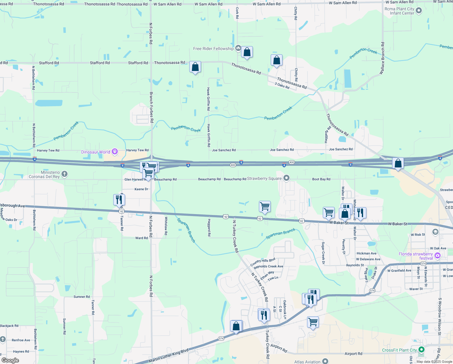 map of restaurants, bars, coffee shops, grocery stores, and more near 4615 Beauchamp Road in Plant City