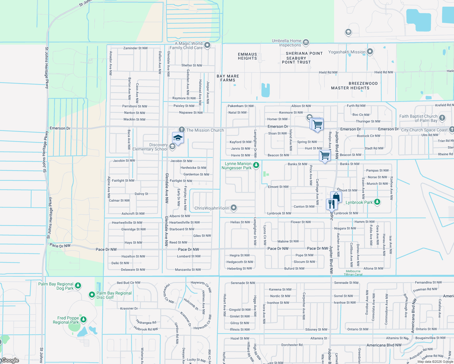 map of restaurants, bars, coffee shops, grocery stores, and more near 1107 Glancy Avenue Northwest in Palm Bay