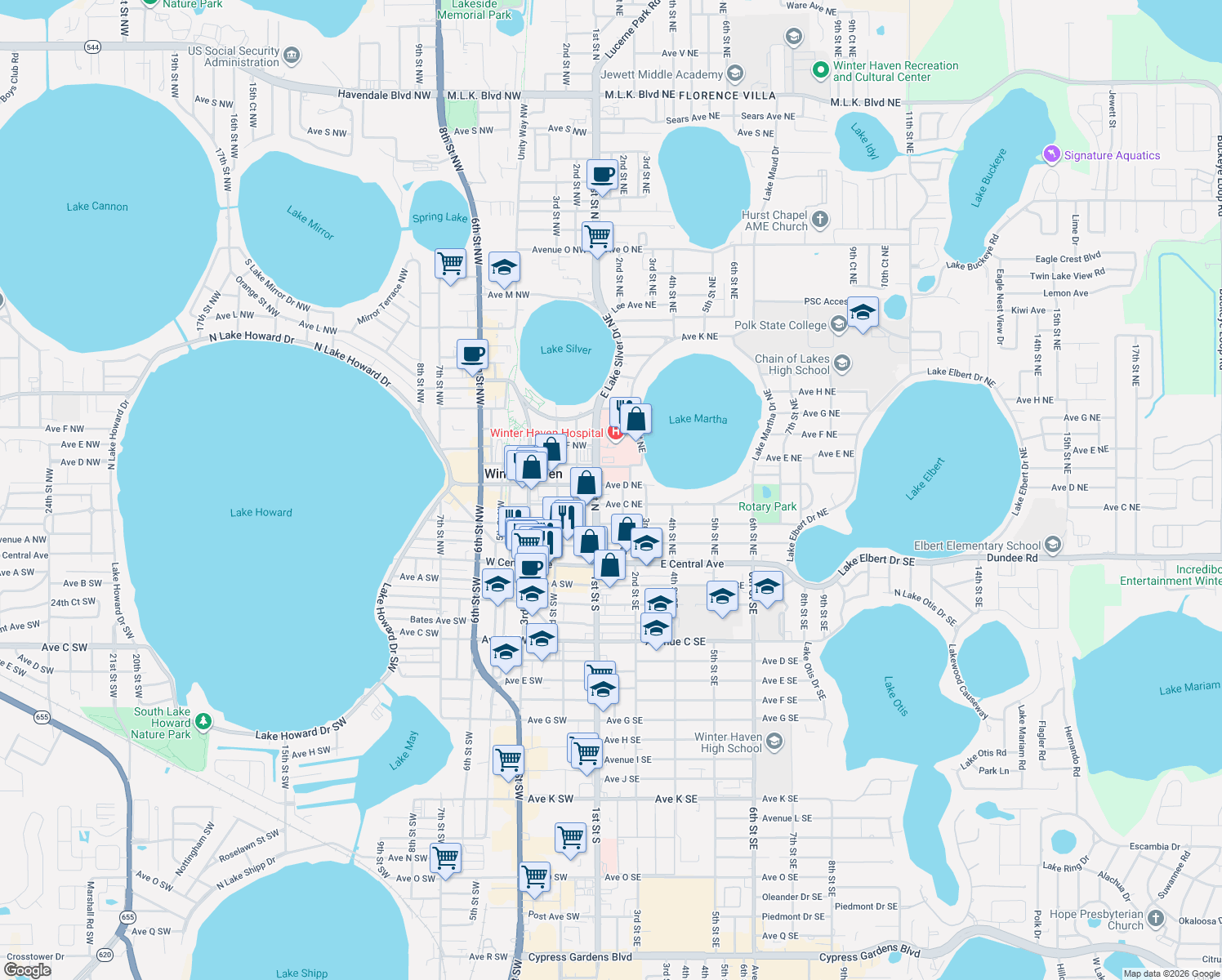 map of restaurants, bars, coffee shops, grocery stores, and more near 116 Avenue D Northeast in Winter Haven