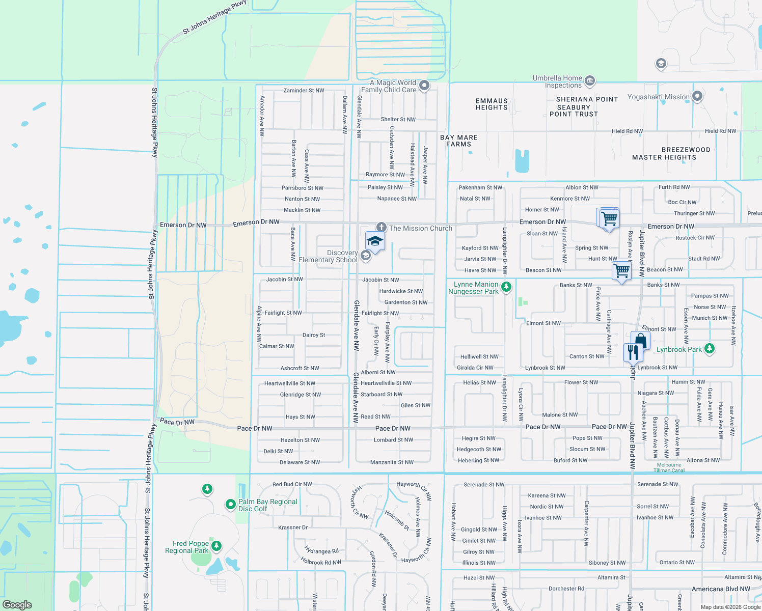 map of restaurants, bars, coffee shops, grocery stores, and more near 1620 Gardenton Street Northwest in Palm Bay
