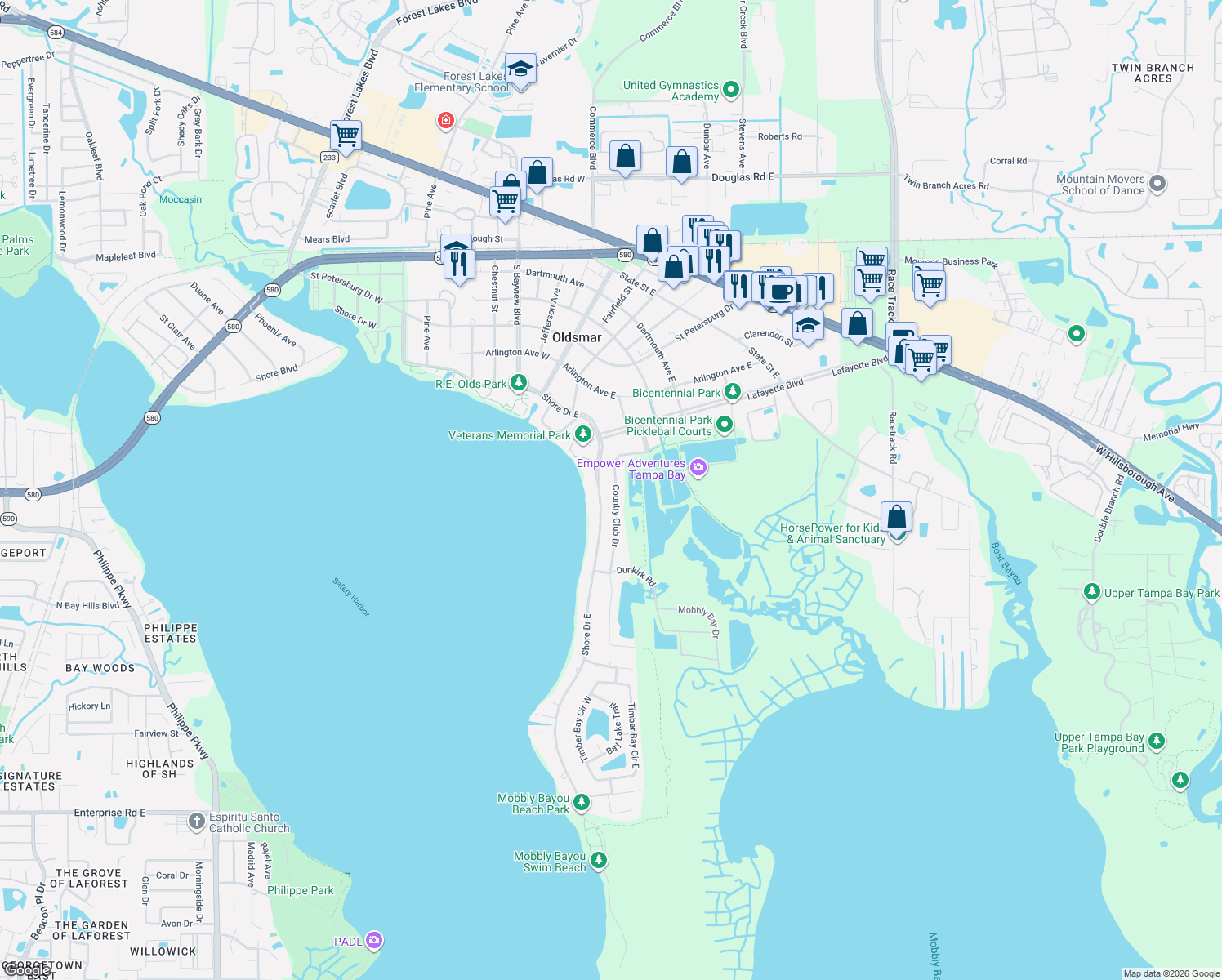 map of restaurants, bars, coffee shops, grocery stores, and more near 314 Country Club Drive in Oldsmar