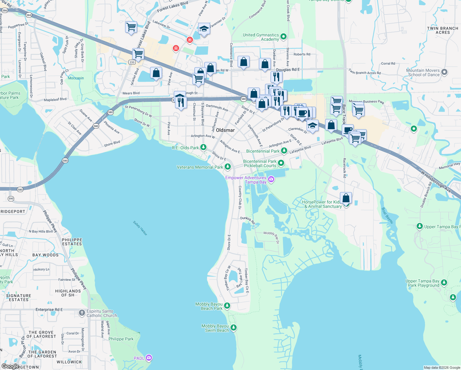 map of restaurants, bars, coffee shops, grocery stores, and more near 316 Shore Drive East in Oldsmar