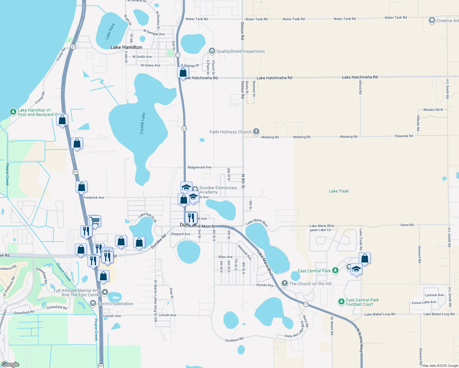 map of restaurants, bars, coffee shops, grocery stores, and more near 610 Adams Avenue in Dundee