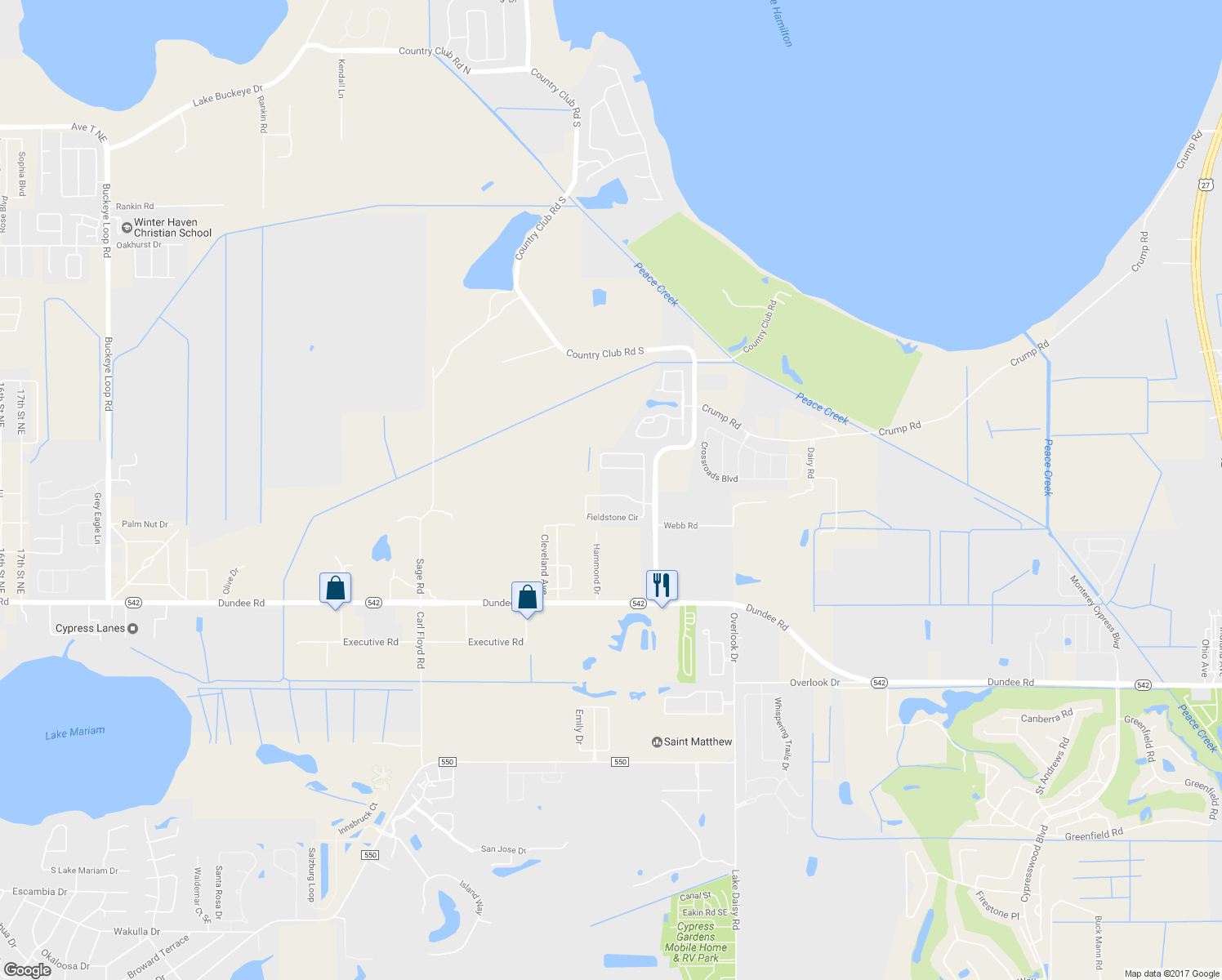 map of restaurants, bars, coffee shops, grocery stores, and more near 3738 Fieldstone Circle in Winter Haven