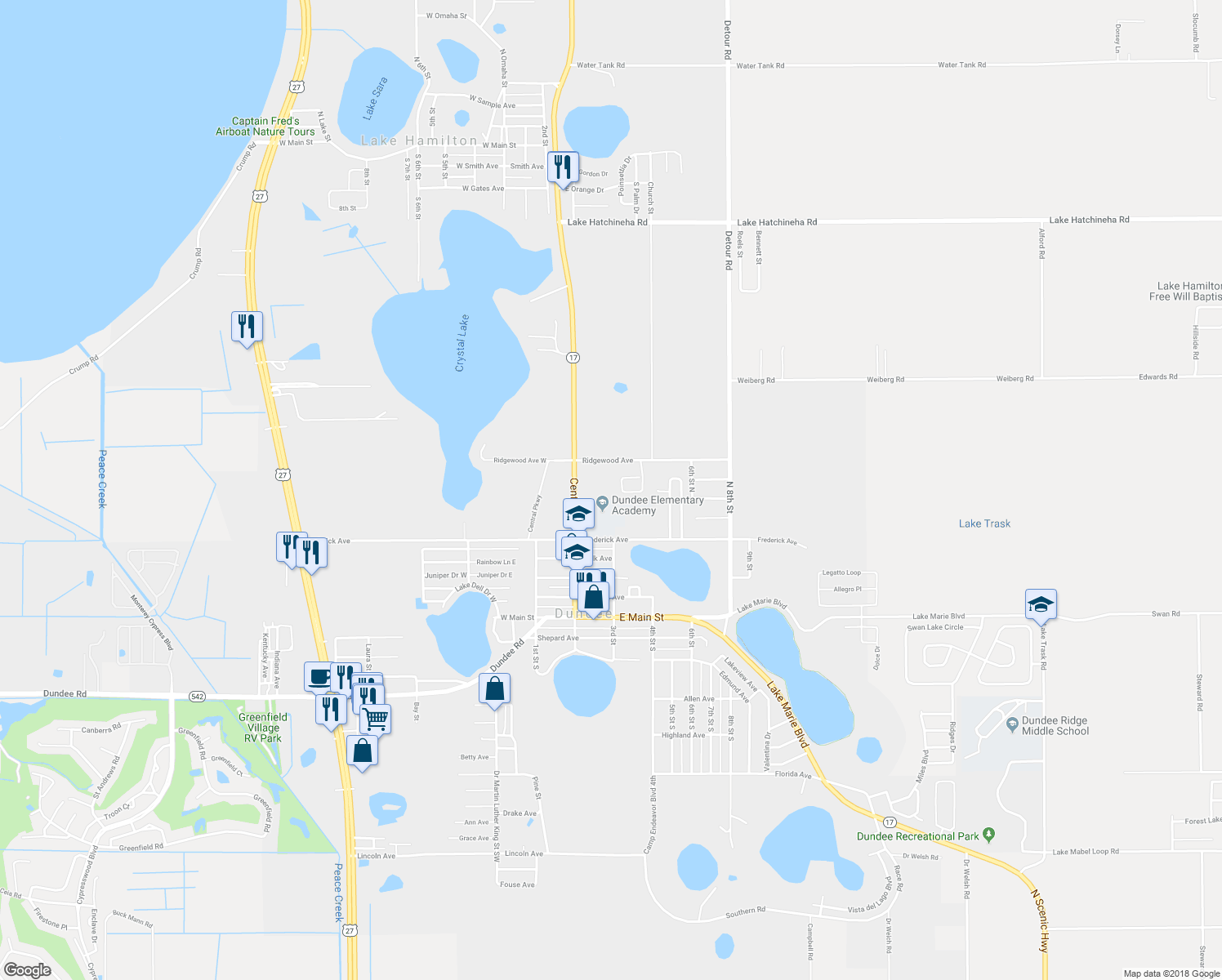 map of restaurants, bars, coffee shops, grocery stores, and more near 627 Valencia Court in Dundee