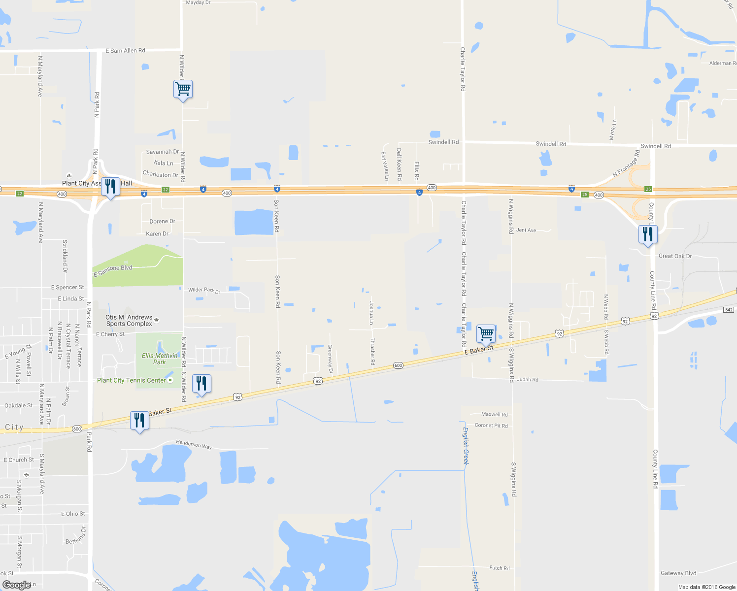 map of restaurants, bars, coffee shops, grocery stores, and more near 314 Joshua Lane in Plant City