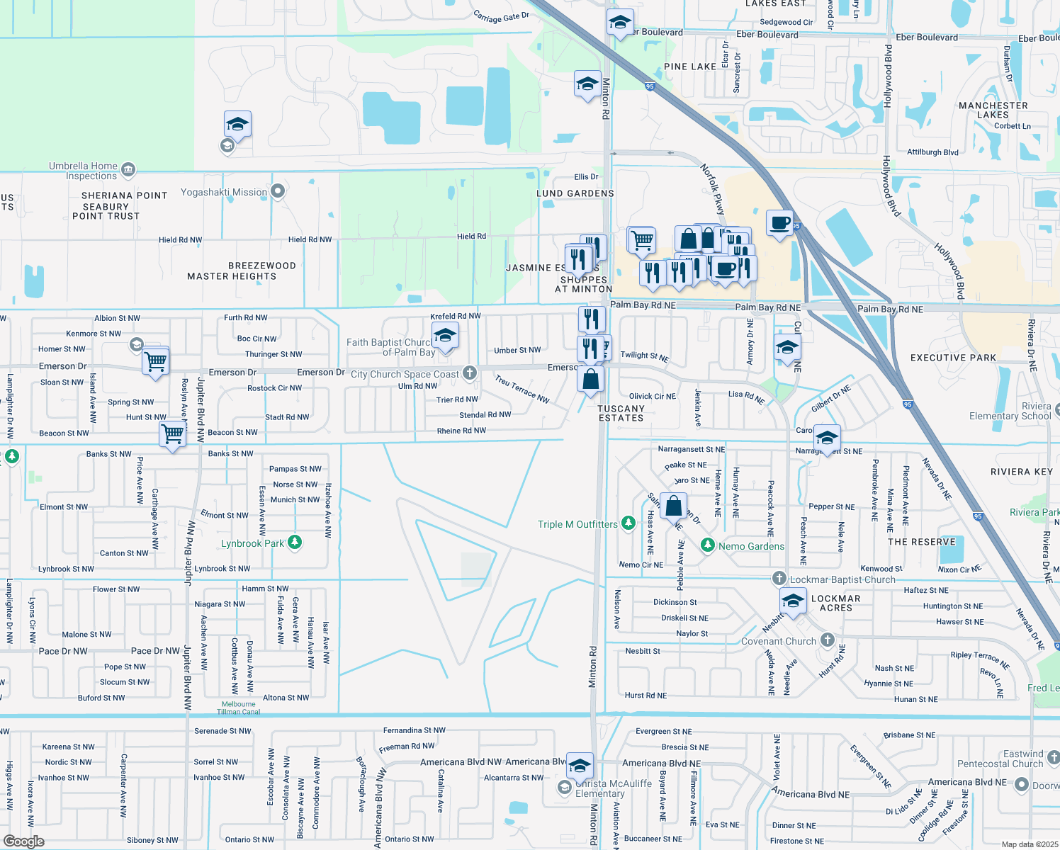 map of restaurants, bars, coffee shops, grocery stores, and more near 263 Rheine Road Northwest in Palm Bay