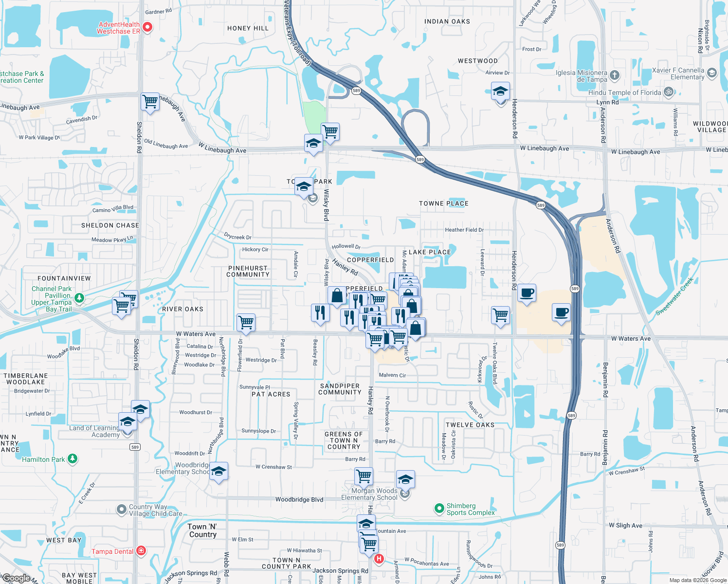 map of restaurants, bars, coffee shops, grocery stores, and more near 7522 Hollowell Dr in Tampa