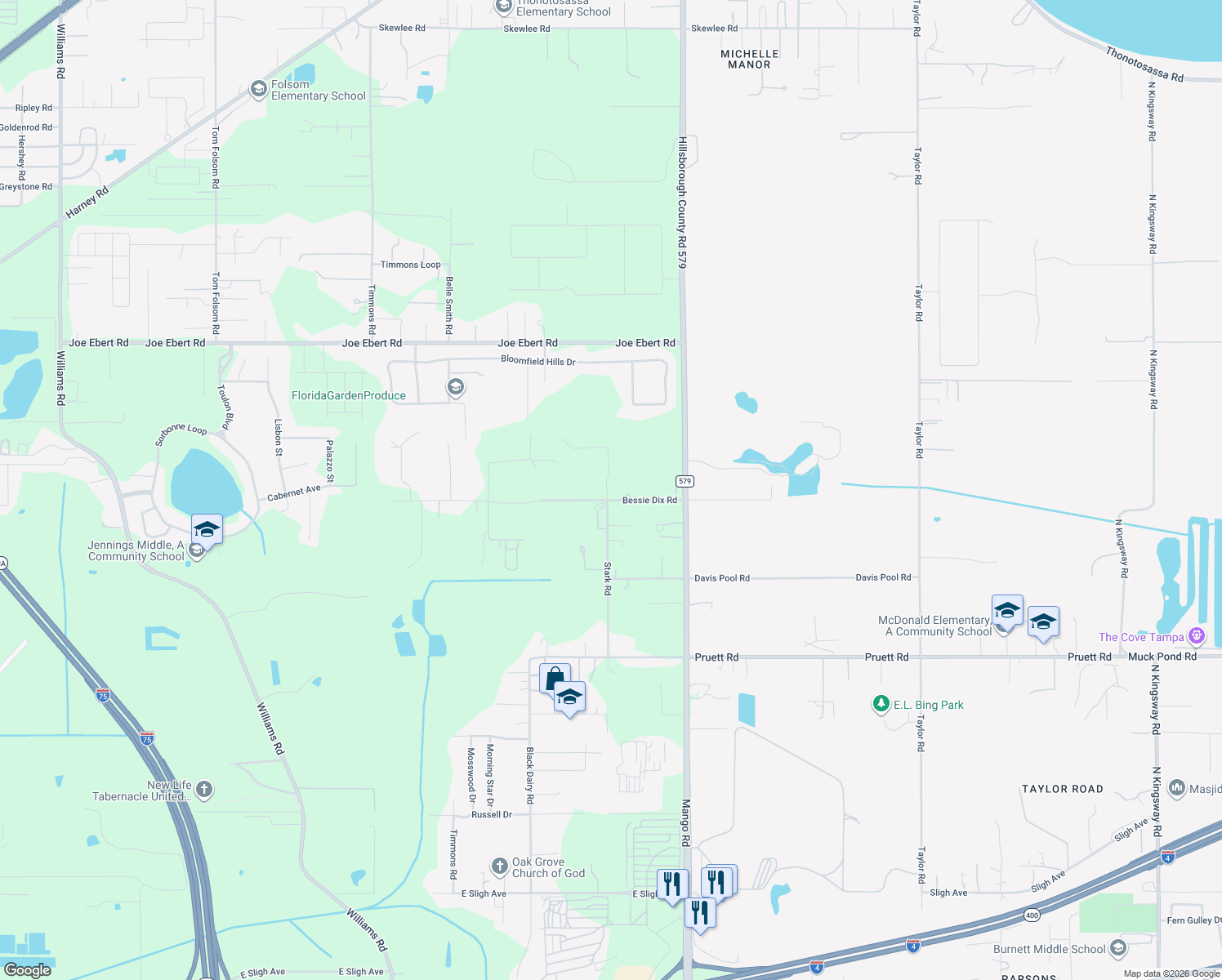 map of restaurants, bars, coffee shops, grocery stores, and more near 11502 Bessie Dix Road in Seffner