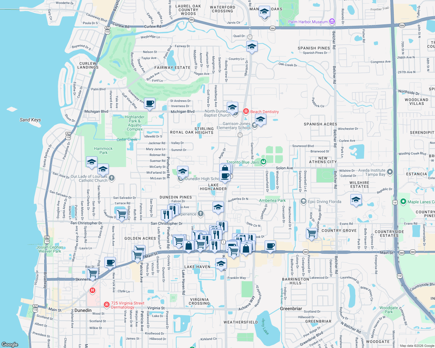 map of restaurants, bars, coffee shops, grocery stores, and more near 1529 Coachlight Way in Dunedin
