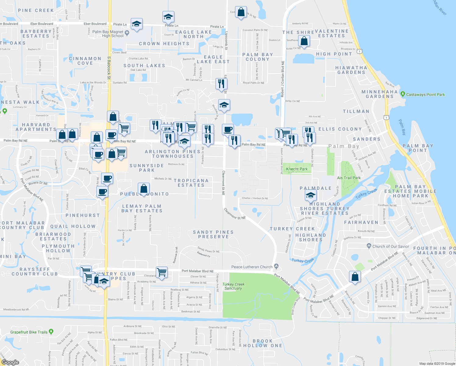 map of restaurants, bars, coffee shops, grocery stores, and more near 1370 Clearmont Street Northeast in Palm Bay