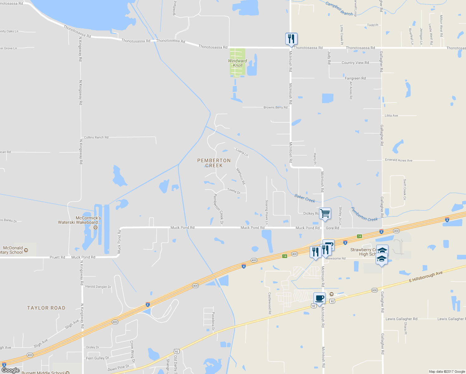 map of restaurants, bars, coffee shops, grocery stores, and more near 6704 Towhe Drive in Seffner