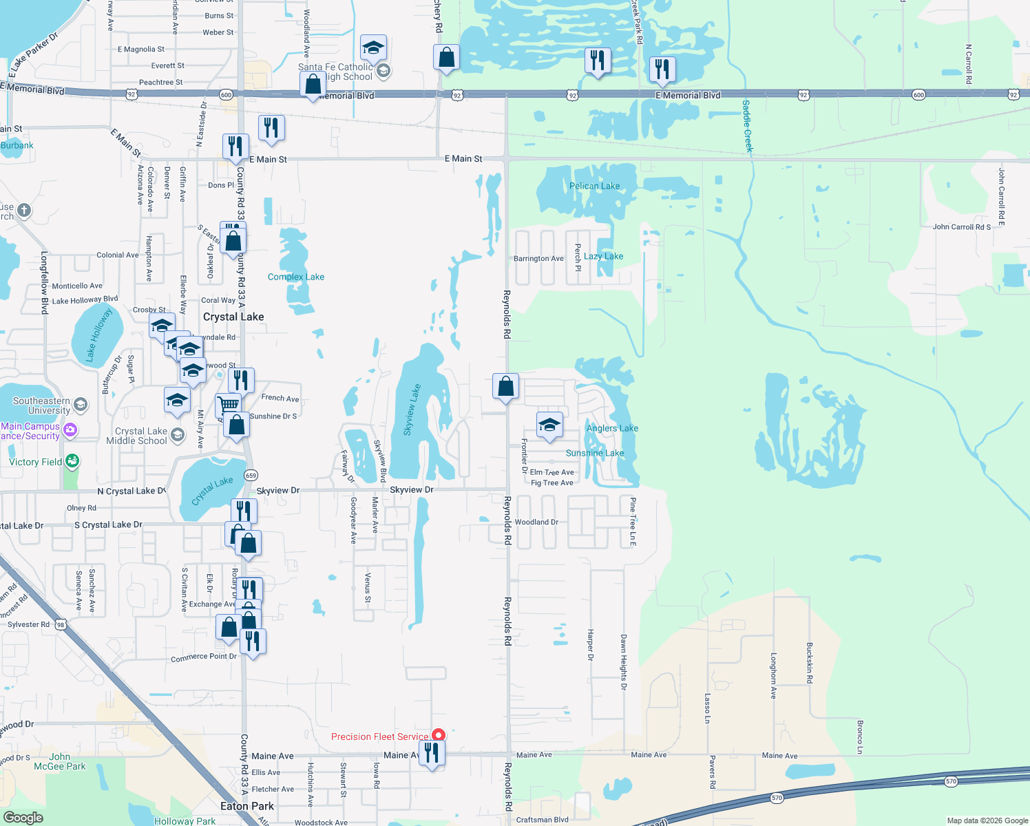map of restaurants, bars, coffee shops, grocery stores, and more near 1036 Reynolds Road in Lakeland