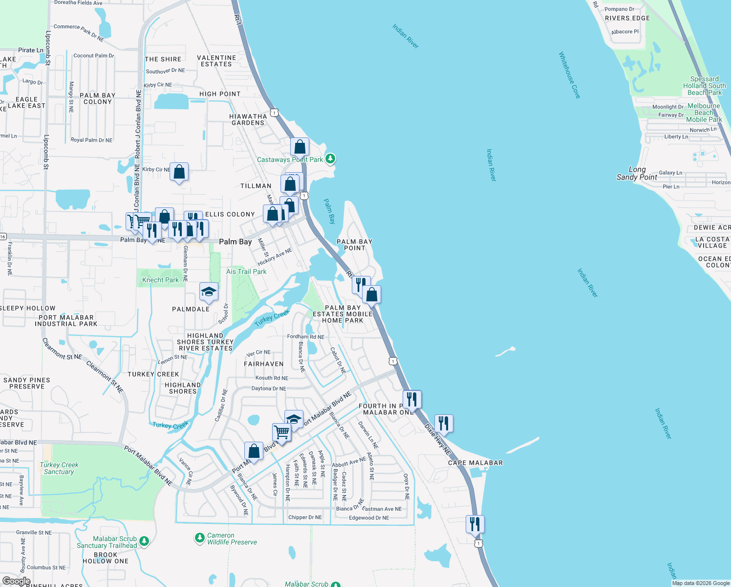map of restaurants, bars, coffee shops, grocery stores, and more near 4435 Dixie Highway Northeast in Palm Bay