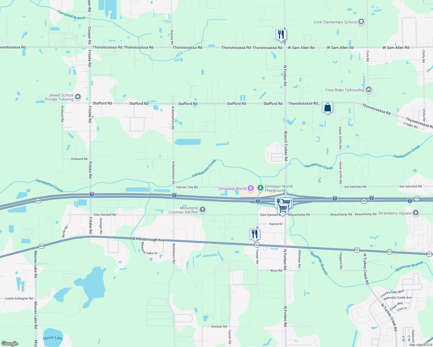 map of restaurants, bars, coffee shops, grocery stores, and more near 5712 Harvey Tew Road in Plant City