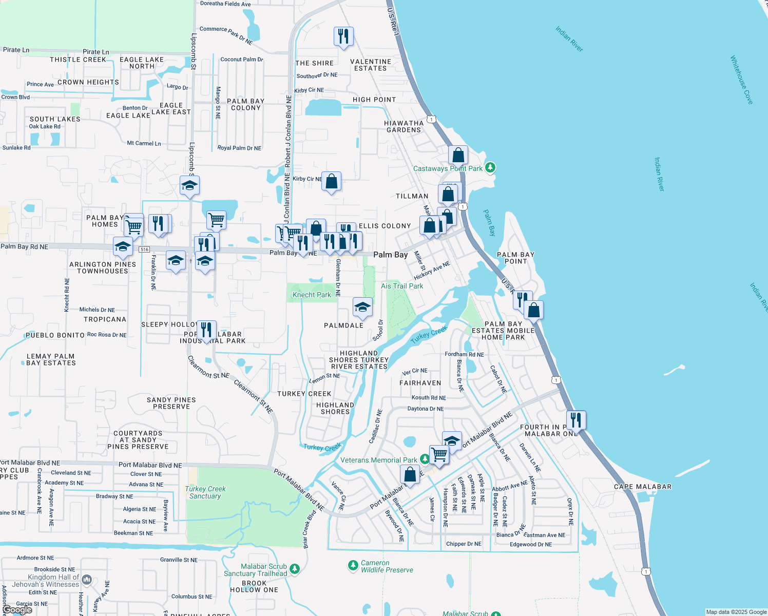 map of restaurants, bars, coffee shops, grocery stores, and more near 2786 School Drive in Palm Bay