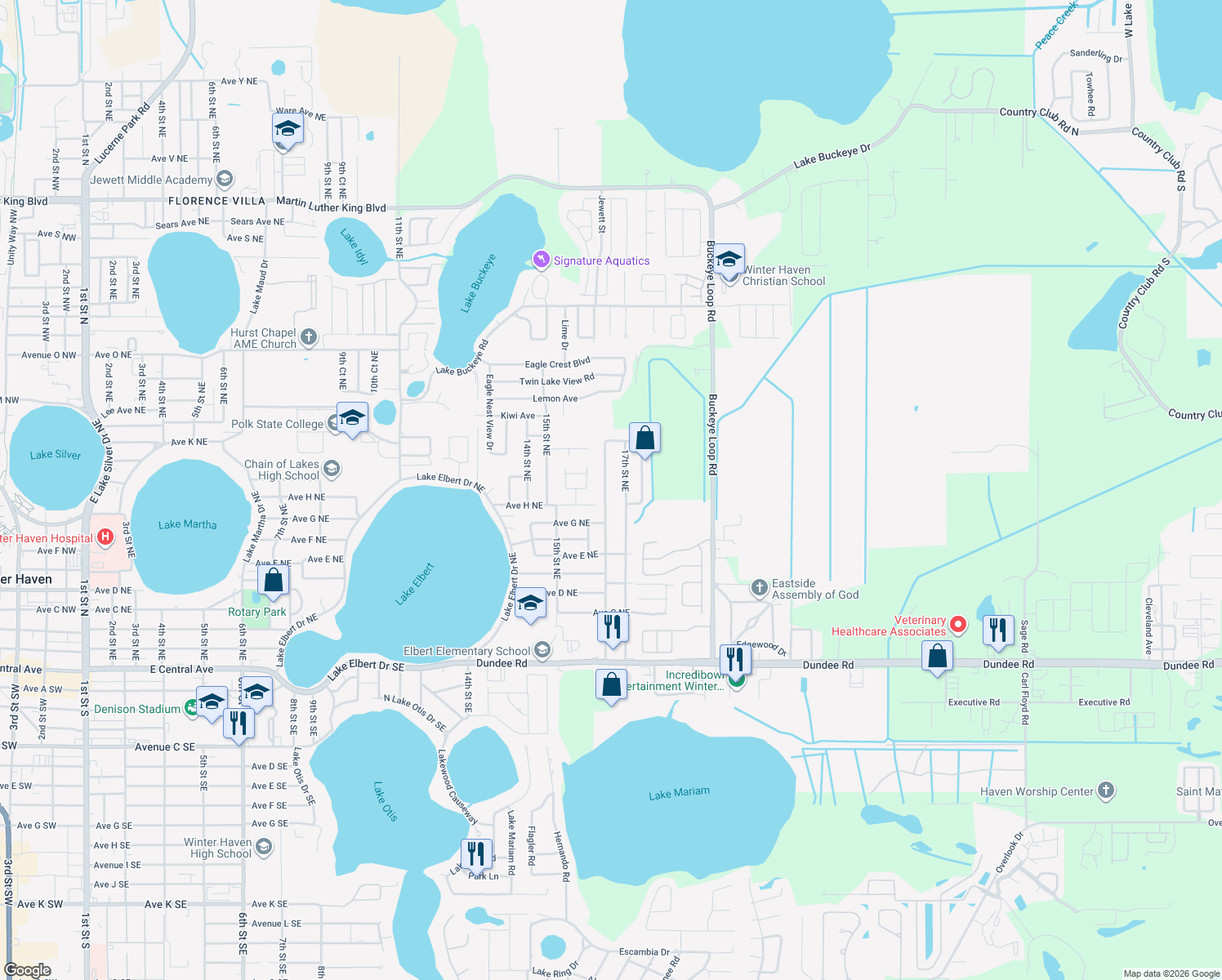 map of restaurants, bars, coffee shops, grocery stores, and more near 752 16th Street Northeast in Winter Haven