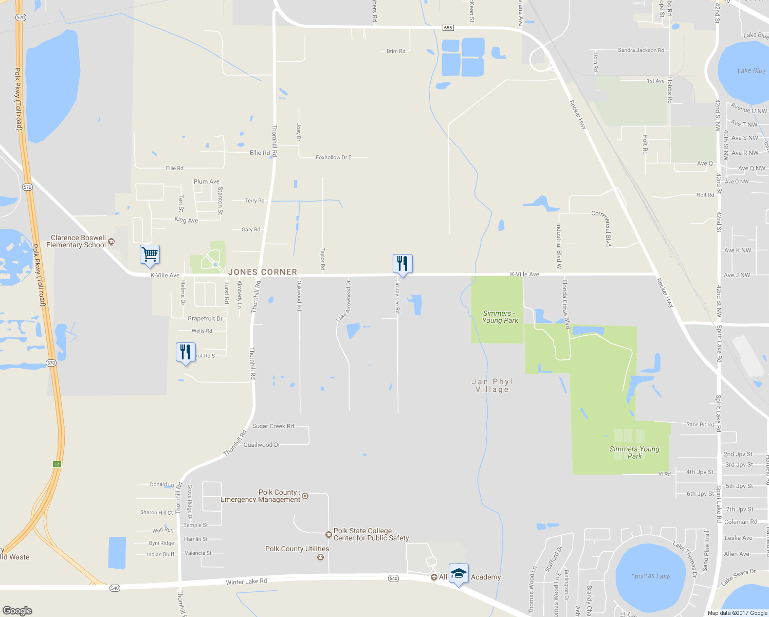 map of restaurants, bars, coffee shops, grocery stores, and more near 9 Jimmy Lee Road in Winter Haven