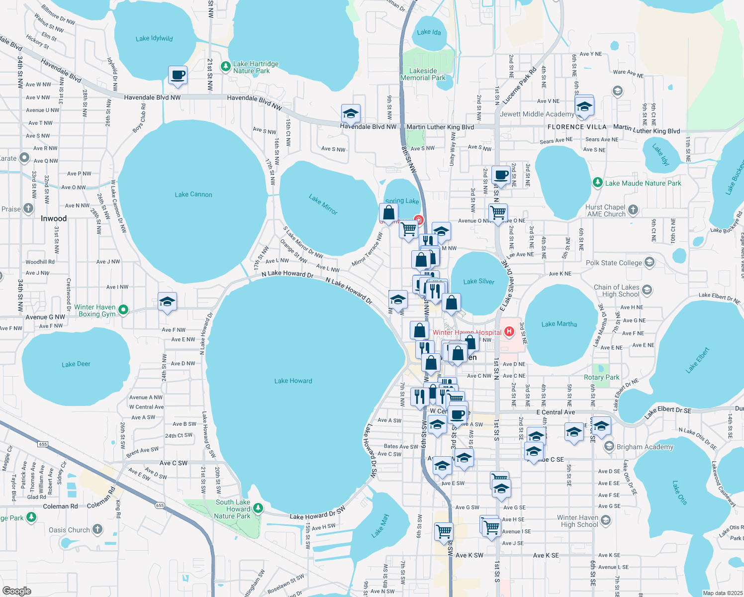map of restaurants, bars, coffee shops, grocery stores, and more near 919 North Lake Howard Drive in Winter Haven