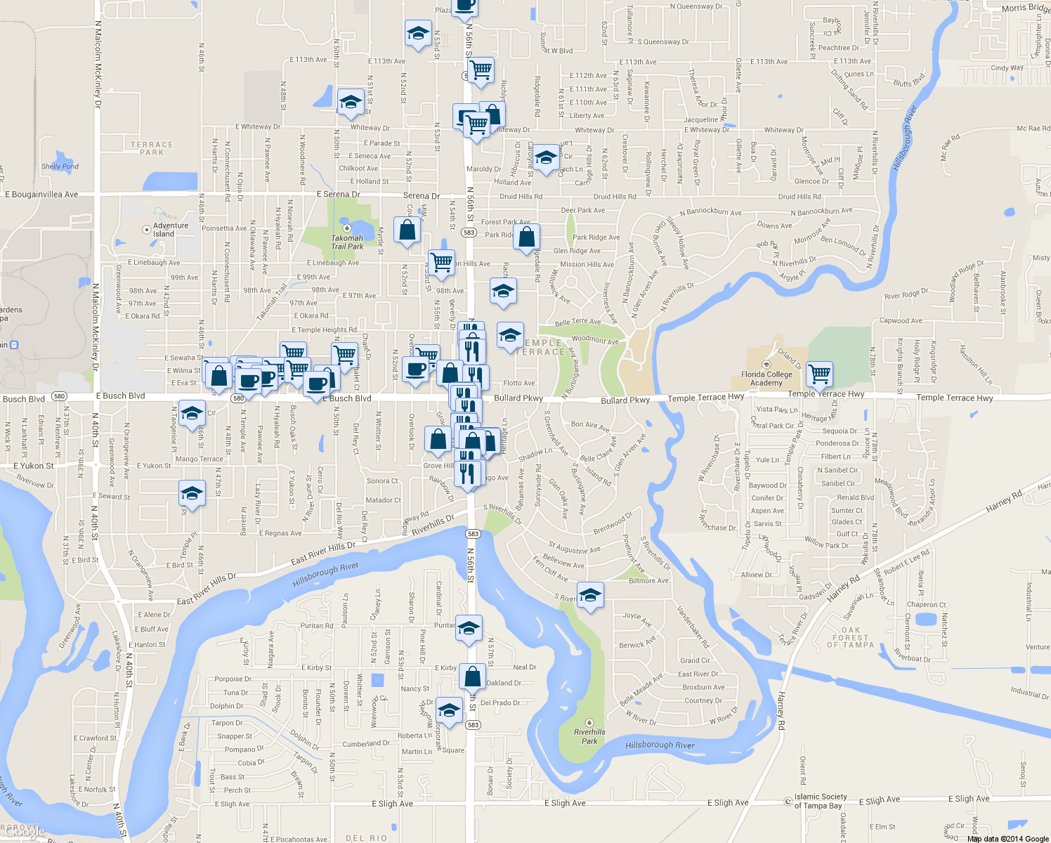 map of restaurants, bars, coffee shops, grocery stores, and more near 1203 Tanglewood Court in Temple Terrace