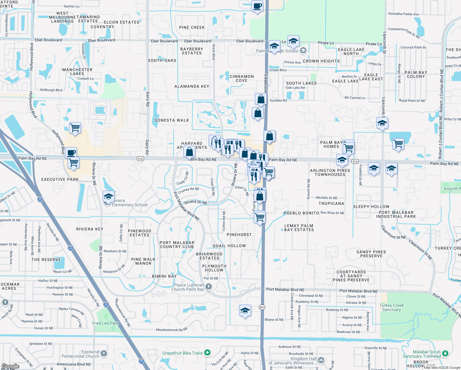 map of restaurants, bars, coffee shops, grocery stores, and more near 1398 Woodlawn Circle Northeast in Palm Bay
