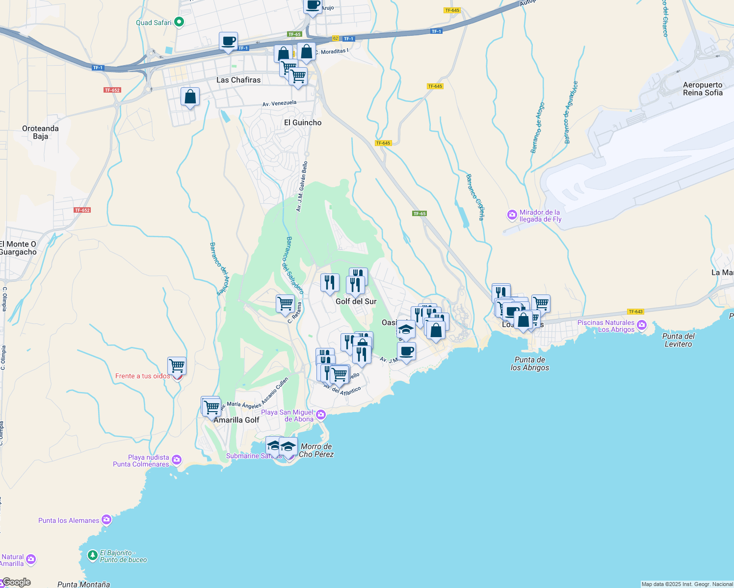map of restaurants, bars, coffee shops, grocery stores, and more near 103 Calle Farway Village in Santa Cruz de Tenerife