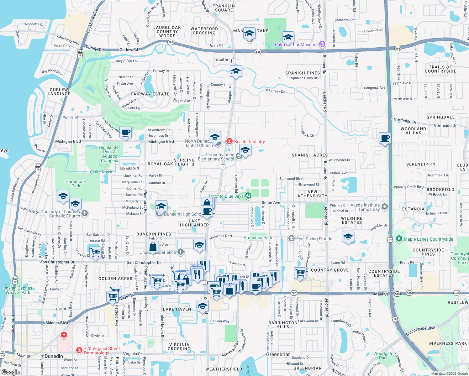 map of restaurants, bars, coffee shops, grocery stores, and more near 1696 Fry Court in Dunedin
