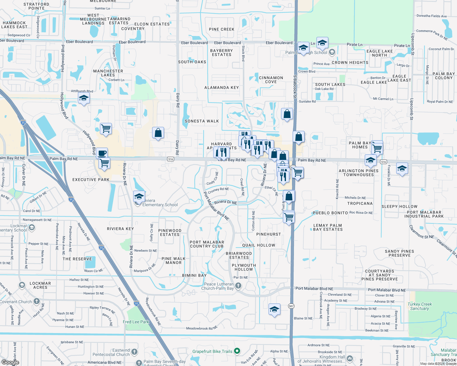 map of restaurants, bars, coffee shops, grocery stores, and more near 1321 Creel Road Northeast in Palm Bay