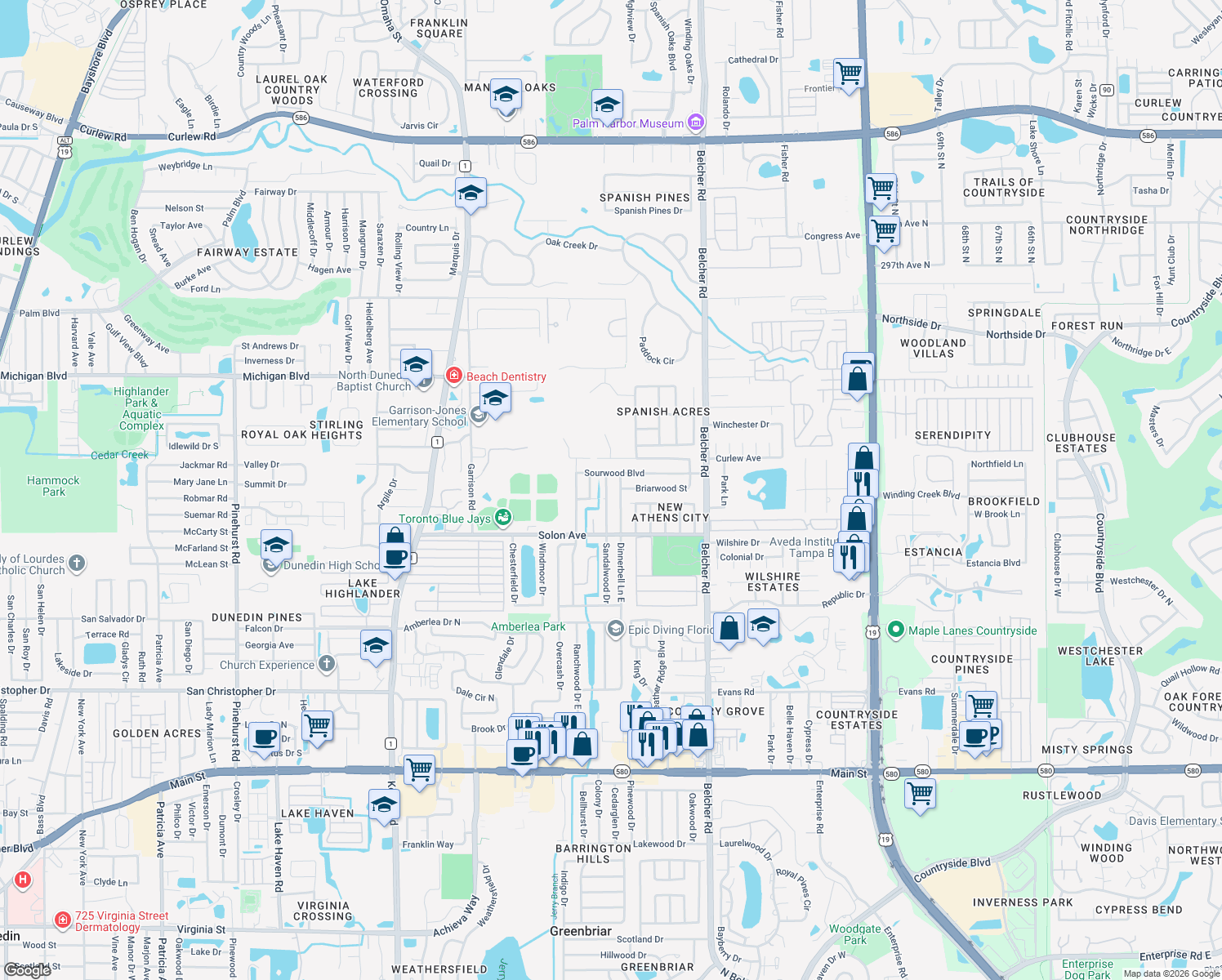 map of restaurants, bars, coffee shops, grocery stores, and more near 1575 Sandalwood Drive in Dunedin