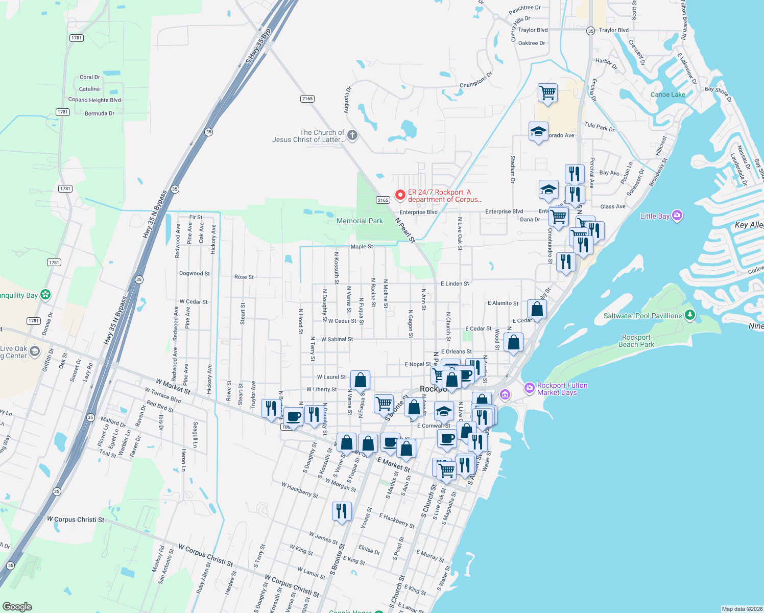 map of restaurants, bars, coffee shops, grocery stores, and more near 1013 N Moline St in Rockport
