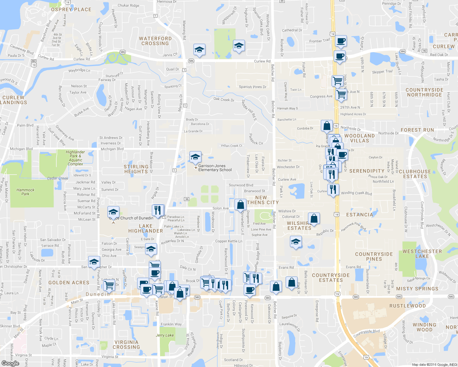 map of restaurants, bars, coffee shops, grocery stores, and more near 1820 Sourwood Boulevard in Dunedin