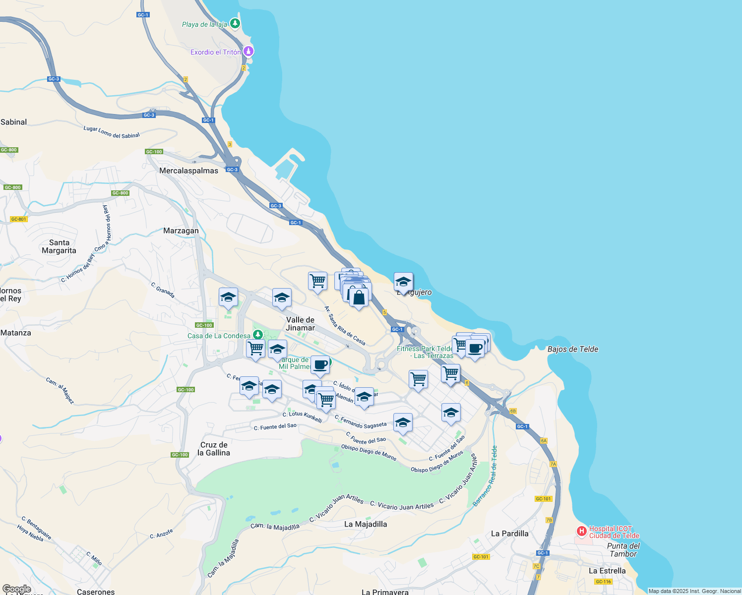 map of restaurants, bars, coffee shops, grocery stores, and more near GC-1 in Las Palmas