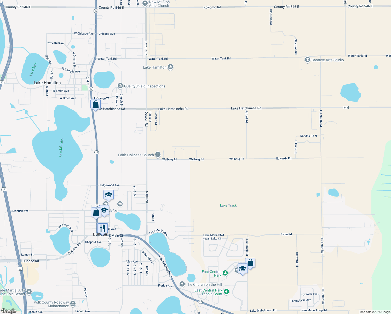 map of restaurants, bars, coffee shops, grocery stores, and more near 1595 Weiberg Road in Dundee