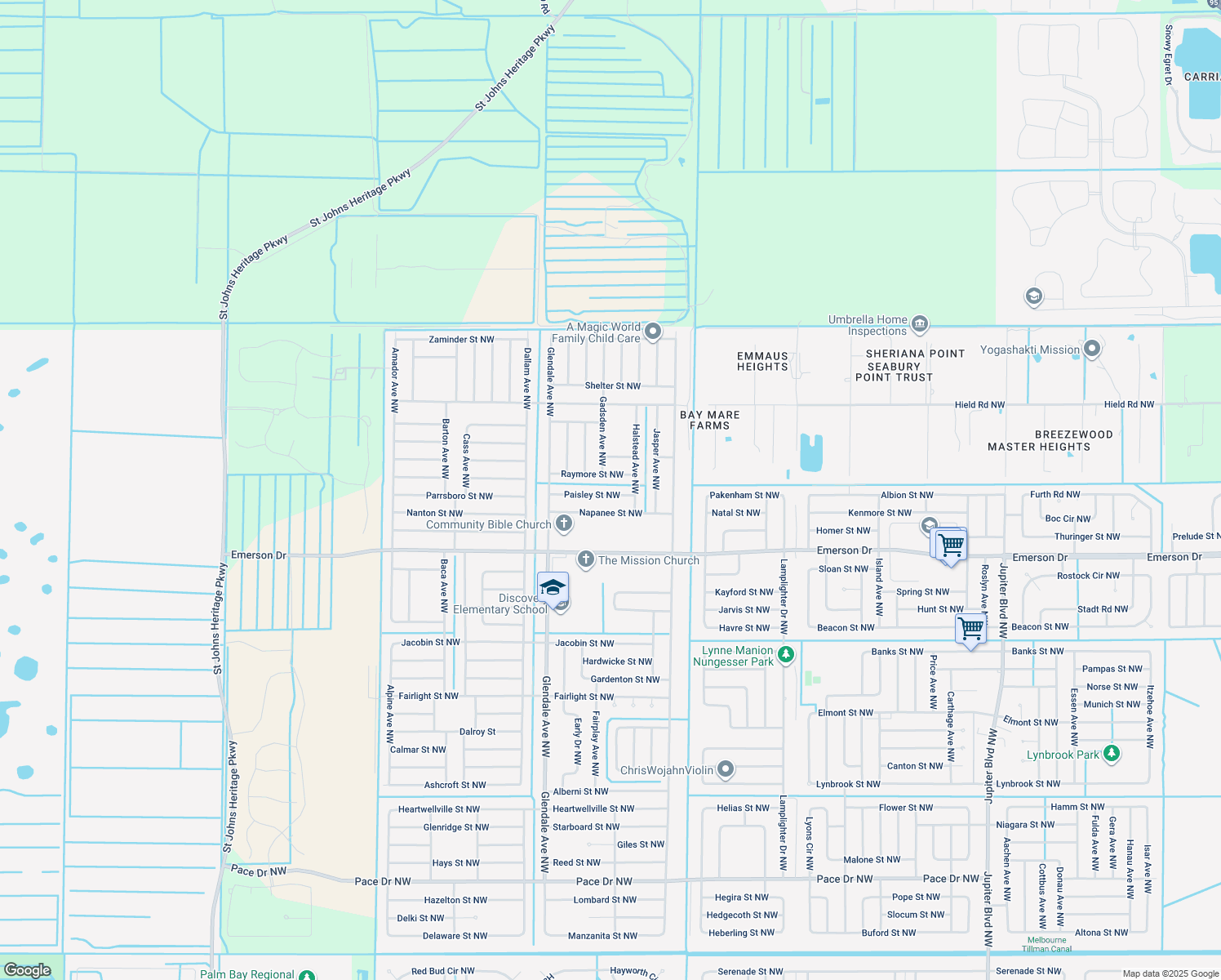 map of restaurants, bars, coffee shops, grocery stores, and more near 1553 Paisley St NW in Palm Bay