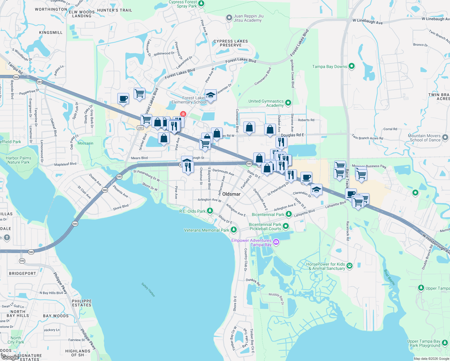 map of restaurants, bars, coffee shops, grocery stores, and more near 313 Jefferson Avenue in Oldsmar
