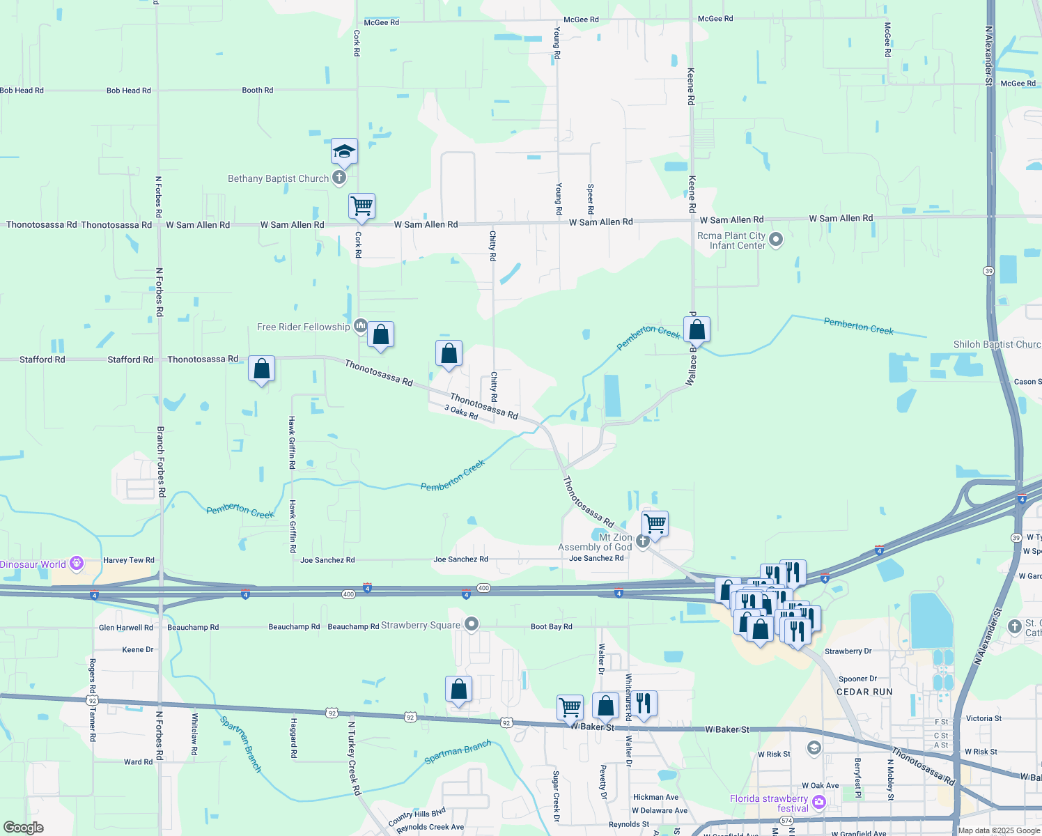 map of restaurants, bars, coffee shops, grocery stores, and more near 2704 Oak Crest Drive in Plant City