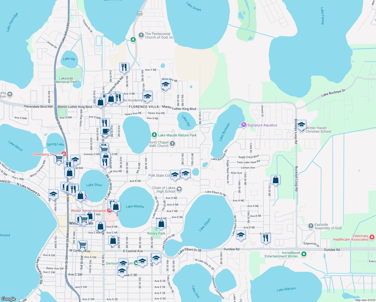 map of restaurants, bars, coffee shops, grocery stores, and more near 987 Avenue O Northeast in Winter Haven