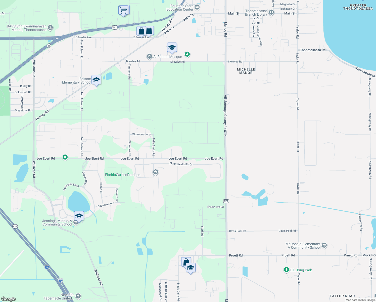 map of restaurants, bars, coffee shops, grocery stores, and more near 10258 Joe Ebert Road in Seffner