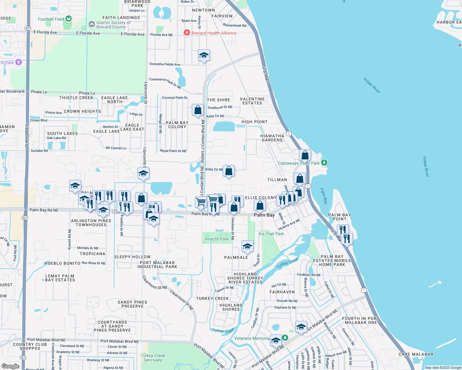 map of restaurants, bars, coffee shops, grocery stores, and more near 2596 4th Avenue Northeast in Palm Bay