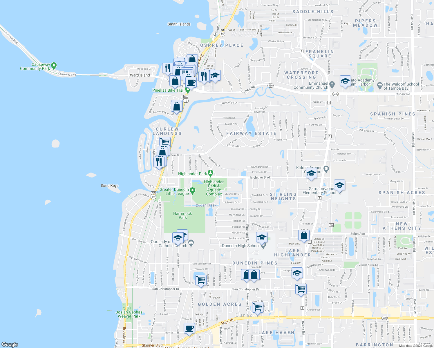 map of restaurants, bars, coffee shops, grocery stores, and more near 985 Gulf View Boulevard in Dunedin