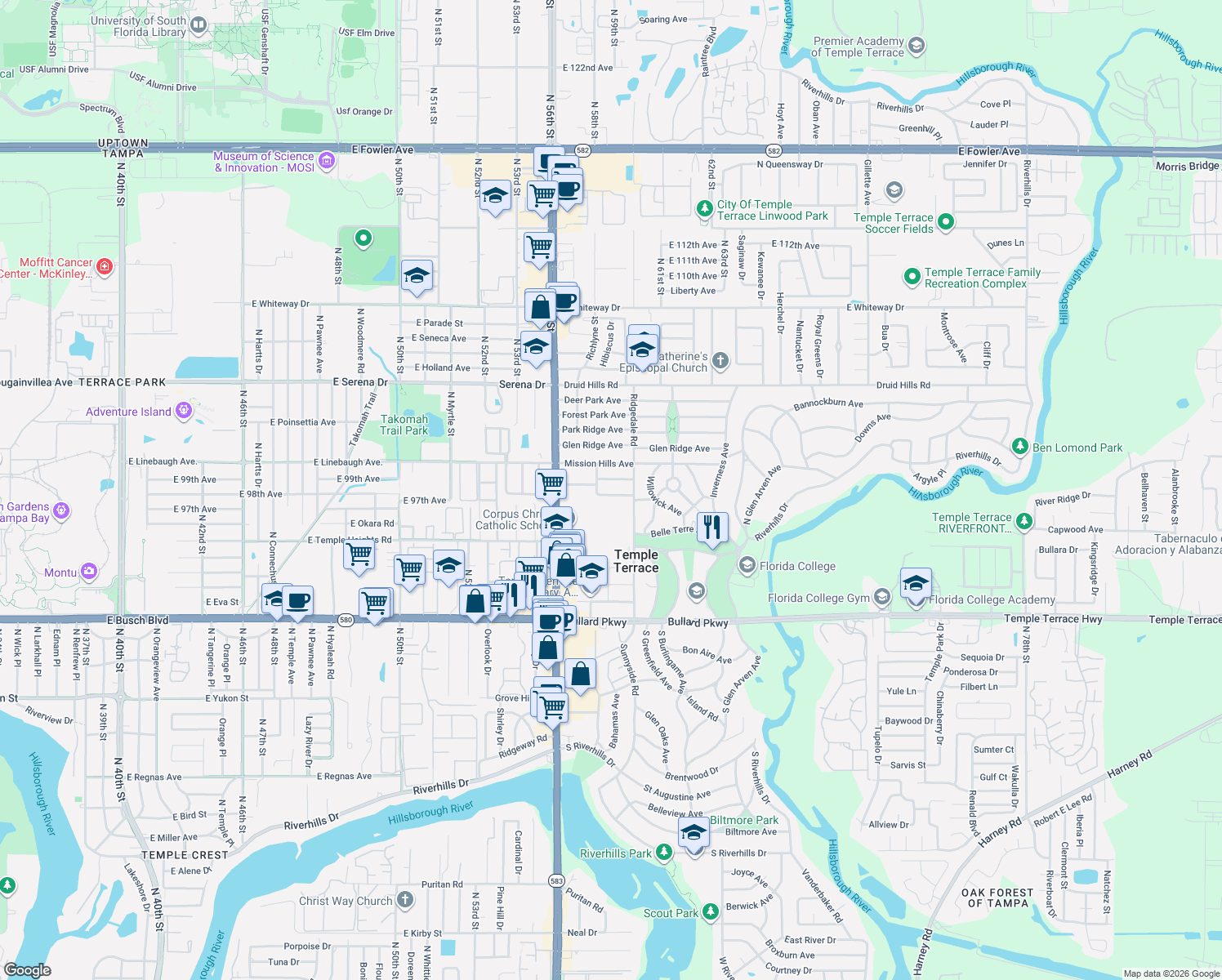 map of restaurants, bars, coffee shops, grocery stores, and more near 206 Linda Avenue in Temple Terrace