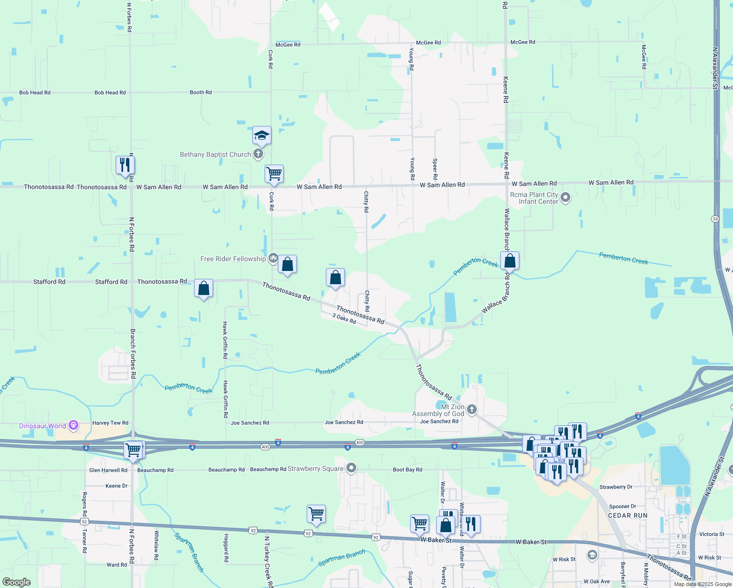 map of restaurants, bars, coffee shops, grocery stores, and more near 2806 Cherry Tree Lane in Plant City