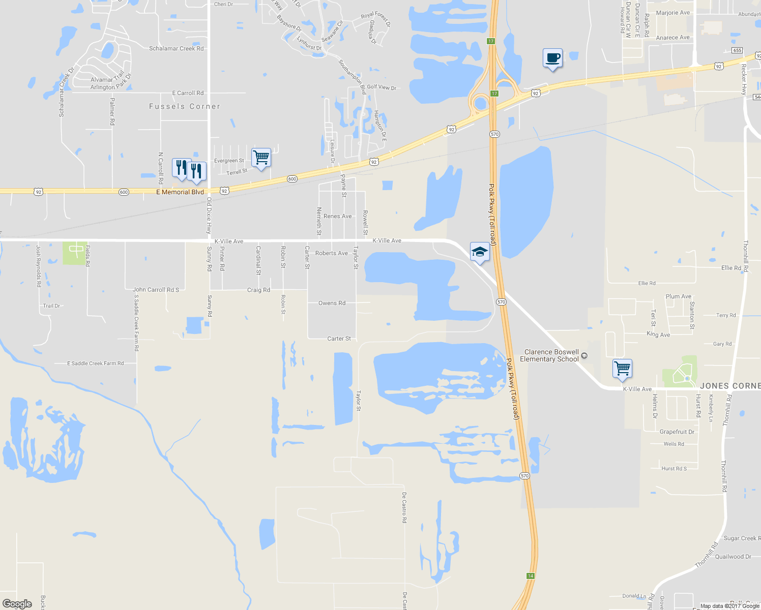 map of restaurants, bars, coffee shops, grocery stores, and more near 1633 Taylor Street in Auburndale