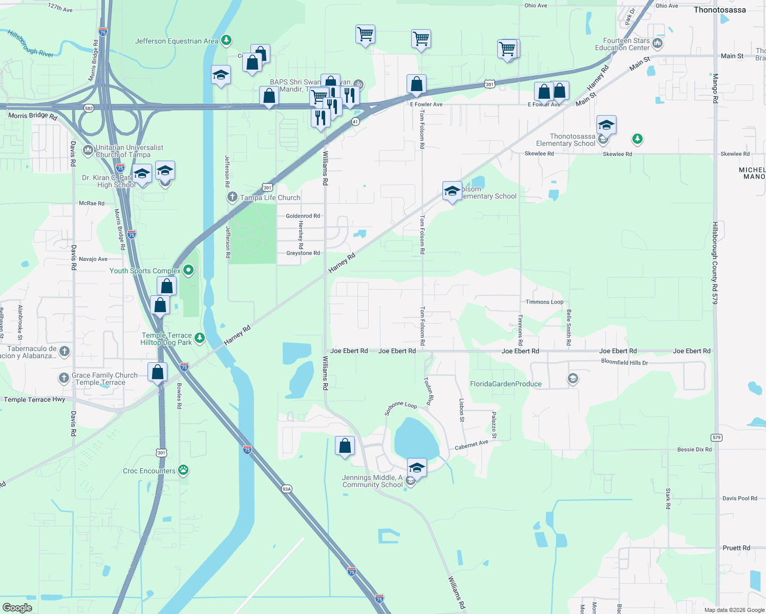 map of restaurants, bars, coffee shops, grocery stores, and more near 9857 Gilchrist Drive in Seffner